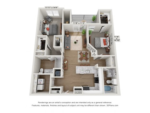 Floor plan for 2 beds, 2 baths, 1195 sqft